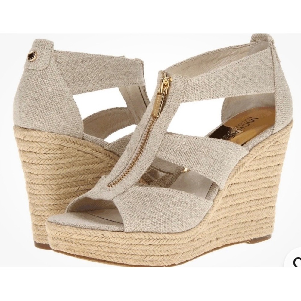 Michael Kors Damita Canvas Wedge Espadrille Sandals Beige Gold Zip Women 10M